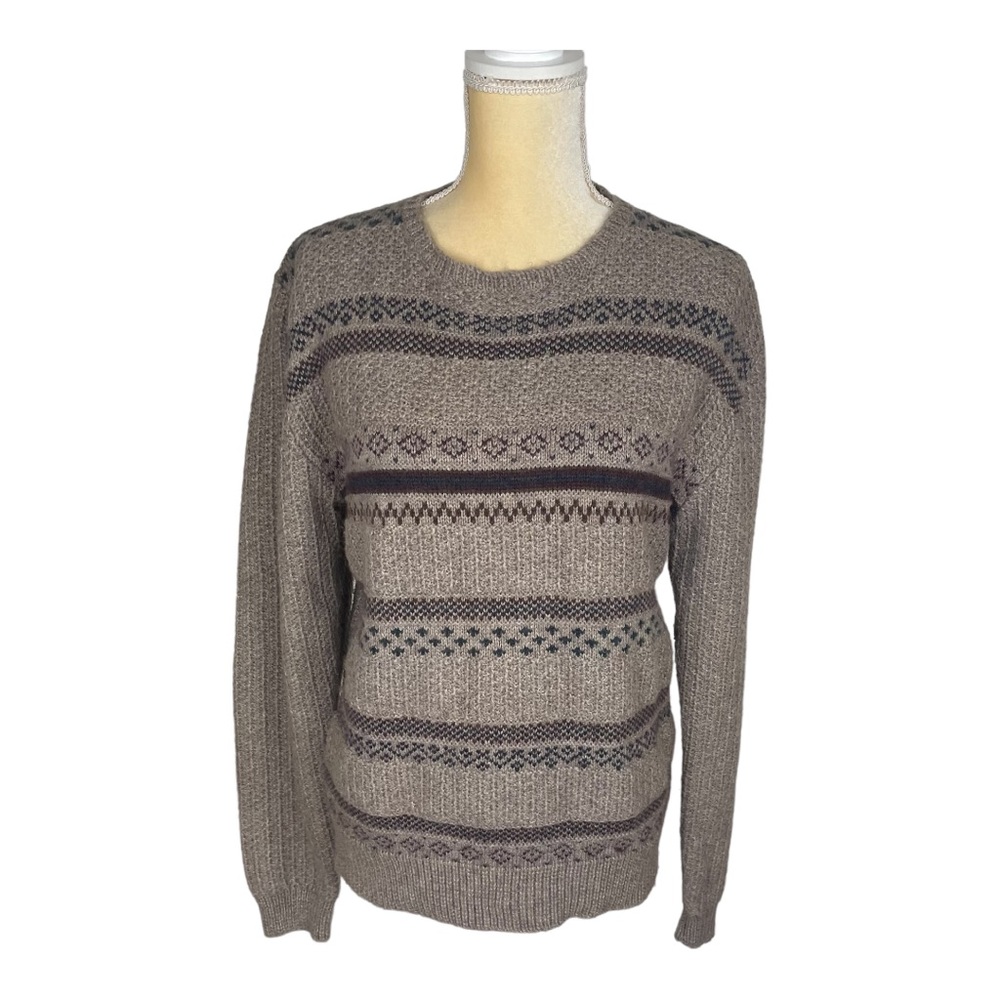 Vintage Generra Crewneck‎ Sweater Brown Neutral Stripe Wool Blend Size Small